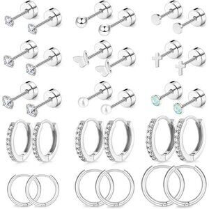 15-Pair Silver Stud, Hoop Earring Set–Hypoallergenic Stainless Steel Screw Back